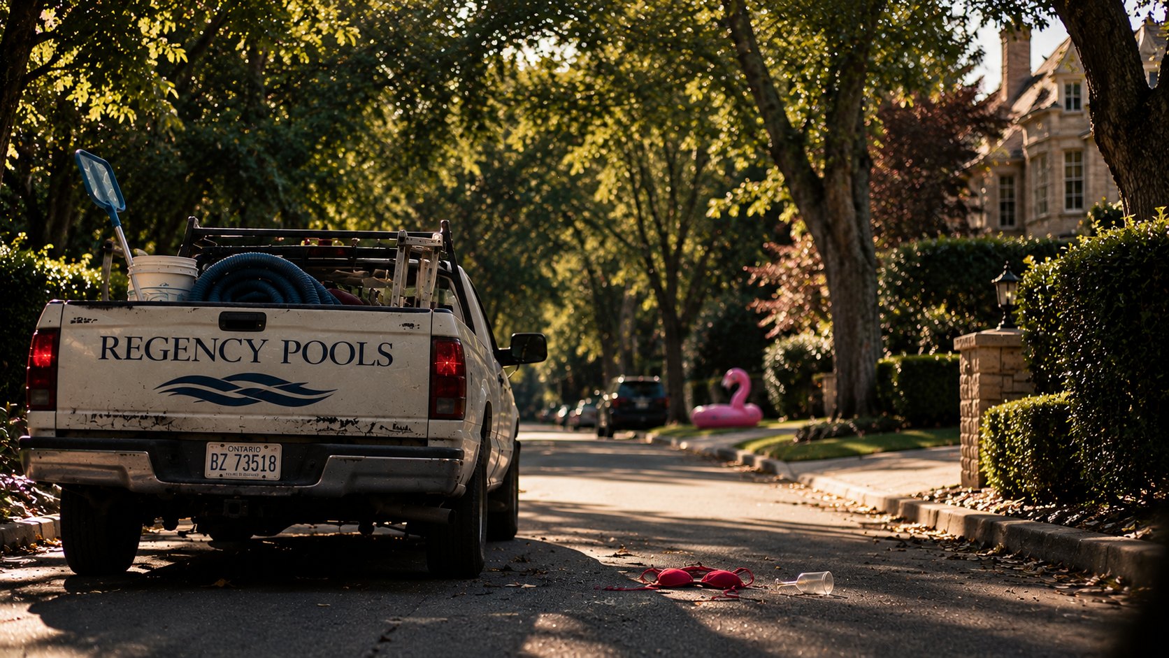 A pool service truck parked on a sunlit suburban street, with a discarded bikini top and an overturned wine glass in the road and a pink flamingo float on the lawn โ a scene from Regency Pools.